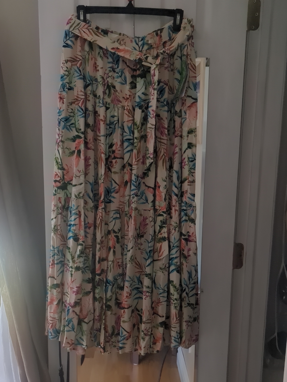 Lands' End Cream Floral Maxi Skirt with Tie Waist